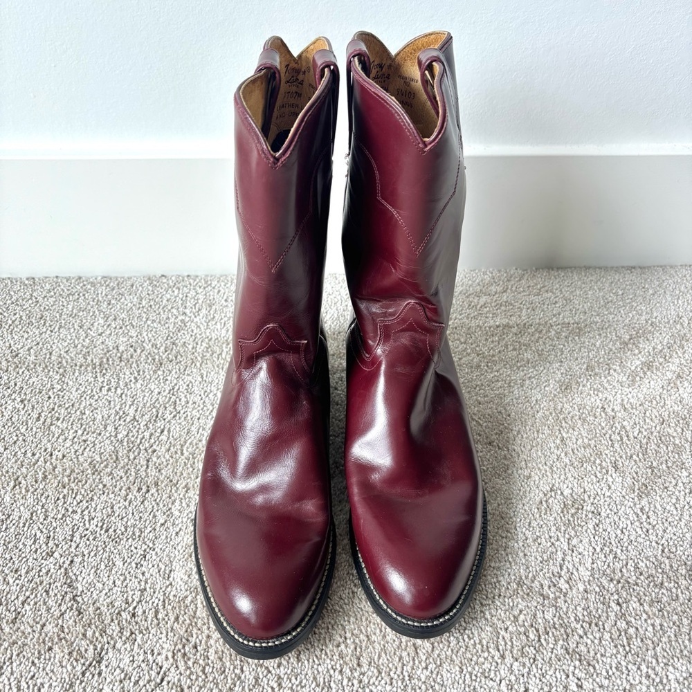 Tony Lama Maroon Burgundy Leather Cowboy Western Boot Round Toe Vintage - Picture 2 of 9